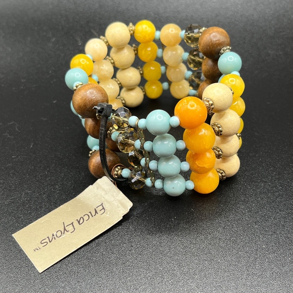 Erica‎ Lyons Stretch Blue Brown Green Yellow Mixed Materials Beads NWT Boho